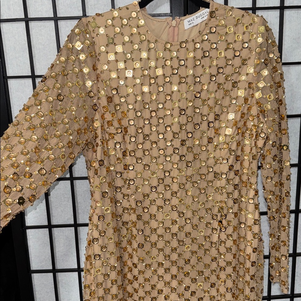 ✨ Mac Duggal Gold Beaded Georgette Long Sleeve Fitted Midi Dress ✨ size 14 - Picture 8 of 10